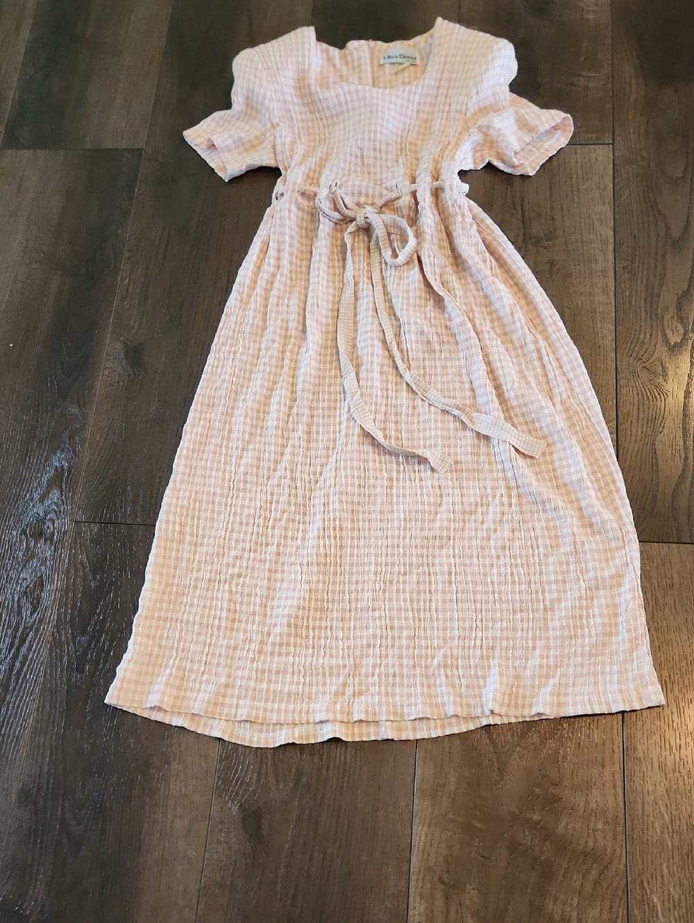 Light Pink Gingham Midi Dress with Waist Tie